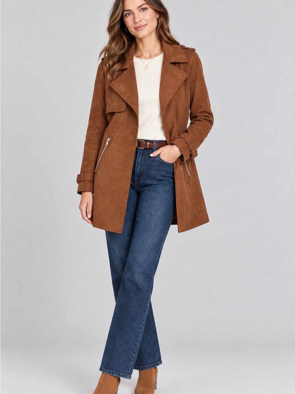 Magaschoni Brown Faux Suede Open Moto Trench Coat Jacket Women’s XS Cozy Staple